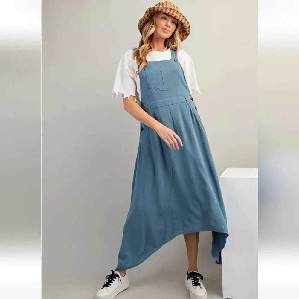 New Easel Poly Linen Jumpsuit Skirtall Dress Blue - Picture 5 of 5